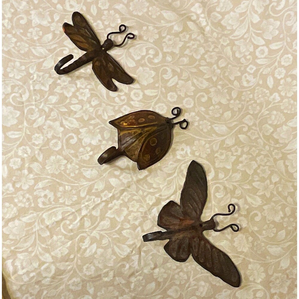 Set of 3 Decorative Metal Butterfly & Dragonfly Wall Hooks Brown